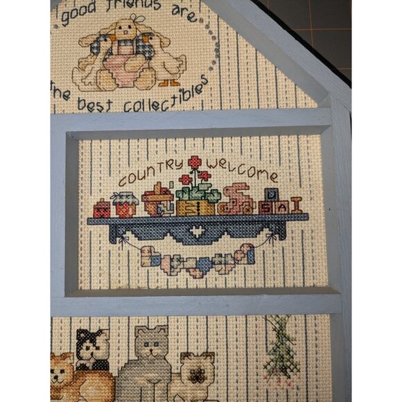 Country Welcome Needlepoint Wall Art with Cats in Light Blue Frame - Picture 3 of 7